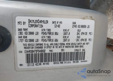 2003 Dodge Durango Sport/Sxt из США, поврежденный, VIN 1D4HR38N73F549032